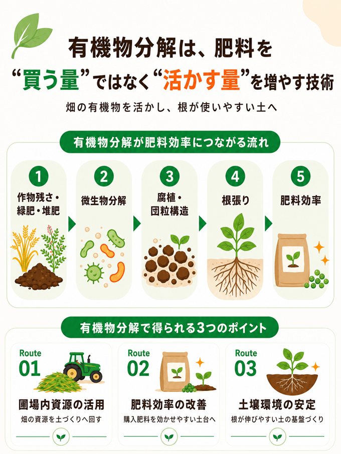有機物分解は、肥料を買う量ではなく、活かす量を増やす技術